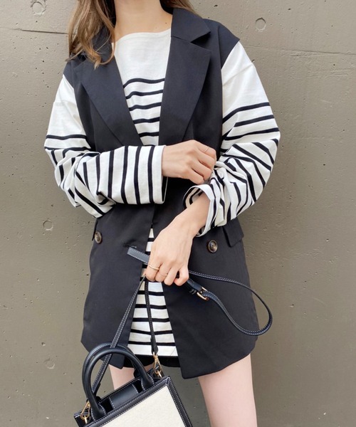 one after another NICE CLAUP（ワンアフターアナザーナイスクラップ）の「パネルボーダートップス（Tシャツ/カットソー・レディース・ブラック系その他/ブラウン系その他/ブルー系その他/サックスブルー系・FREE）」の6枚目の写真