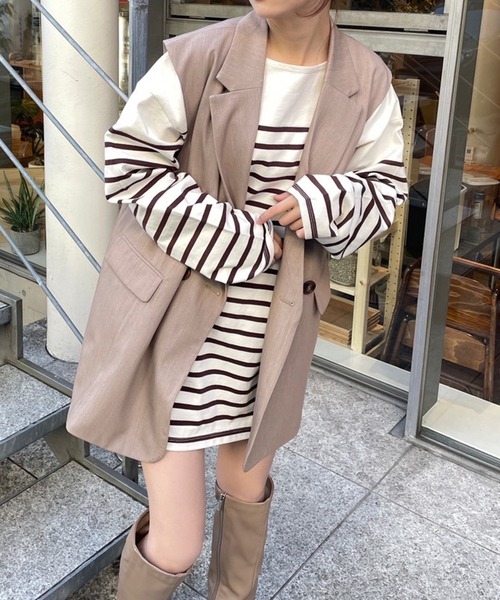 one after another NICE CLAUP（ワンアフターアナザーナイスクラップ）の「パネルボーダートップス（Tシャツ/カットソー・レディース・ブラック系その他/ブラウン系その他/ブルー系その他/サックスブルー系・FREE）」の7枚目の写真