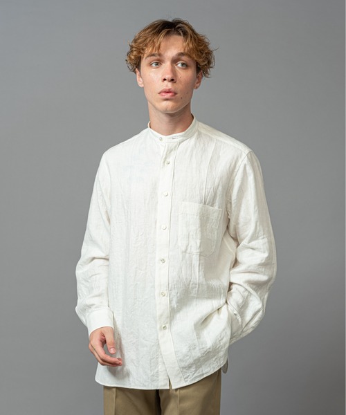 MR.OLIVE（ミスターオリーブ）の「【セットアップ対応】フレンチリネン / バンドカラー ロングスリーブシャツ（シャツ/ブラウス・メンズ・オフホワイト/ブルー/ブラック/ベージュ/ネイビー・SMALL/MEDIUM/LARGE）」の2枚目の写真