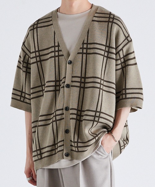 Anchor Smith（アンカー スミス）の「オーバーサイズ ハイゲージサマーニット ルーズ半袖カーディガン（カーディガン/ボレロ・メンズ・ライトグレー/ブラック/グレイッシュブルー/チャコール/ブラック系/ベージュ系・M/L）」の5枚目の写真