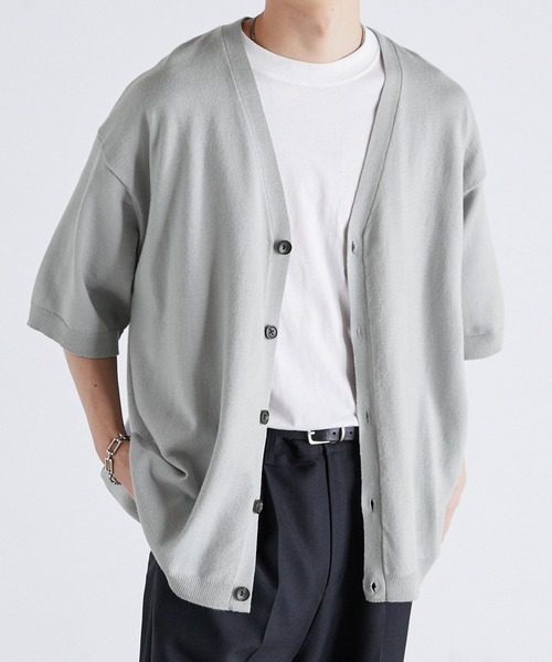 Anchor Smith（アンカー スミス）の「オーバーサイズ ハイゲージサマーニット ルーズ半袖カーディガン（カーディガン/ボレロ・メンズ・ライトグレー/ブラック/グレイッシュブルー/チャコール/ブラック系/ベージュ系・M/L）」の3枚目の写真