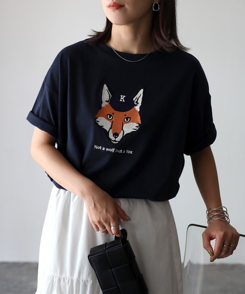 Riberry（リベリー）の「キャップキツネ刺繍T（Tシャツ/カットソー・レディース・ネイビー/オフホワイト/ピンク/サックスブルー/マルチ・FREE）」の2枚目の写真