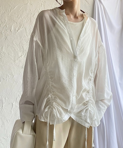ブラウス シャツ ドロストシャーリングシアーシャツ レディース セール】バンドカラー長袖ドロストシャーリングシアーシャツ