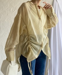 バンドカラー長袖ドロストシャーリングシアーシャツブラウス