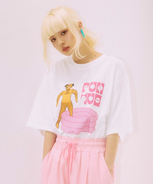 PUNYUS(プニュズ)の「POOL DOGビッグT(Tシャツ/カットソー・レディース・スミクロ/ホワイト/パープル・4/3)」の1枚目の写真
