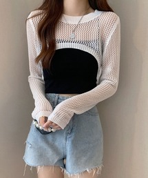 メッシュ編みニットショート丈トップス