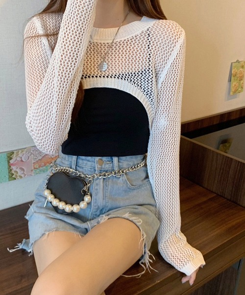 NinaetLina（ニナエリナ）の「メッシュ編みニットショート丈トップス（ニット/セーター・レディース・ベージュ/ブラック/ホワイト/ブラウン・FREE）」の8枚目の写真
