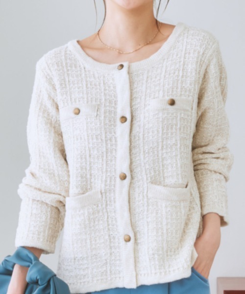 nissen（ニッセン）の「ツイードライクニットジャケット（ノーカラージャケット・レディース・ネイビー/オフホワイト・L/M/LL/S）」の2枚目の写真