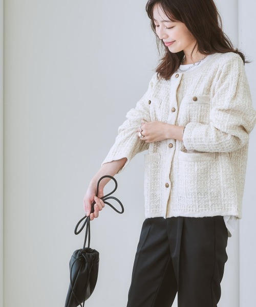 nissen（ニッセン）の「ツイードライクニットジャケット（ノーカラージャケット・レディース・ネイビー/オフホワイト・L/M/LL/S）」の11枚目の写真