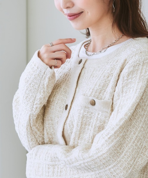 nissen（ニッセン）の「ツイードライクニットジャケット（ノーカラージャケット・レディース・ネイビー/オフホワイト・L/M/LL/S）」の12枚目の写真