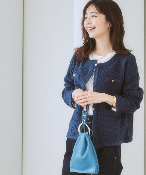 nissen（ニッセン）の「ツイードライクニットジャケット（ノーカラージャケット・レディース・ネイビー/オフホワイト・L/M/LL/S）」の3枚目の写真