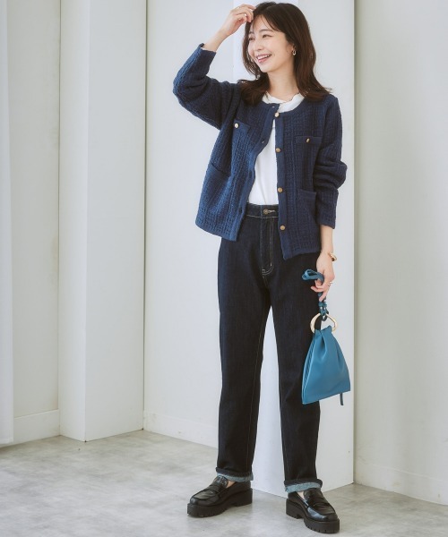 nissen（ニッセン）の「ツイードライクニットジャケット（ノーカラージャケット・レディース・ネイビー/オフホワイト・L/M/LL/S）」の4枚目の写真