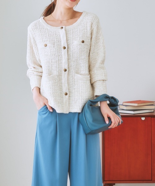 nissen（ニッセン）の「ツイードライクニットジャケット（ノーカラージャケット・レディース・ネイビー/オフホワイト・L/M/LL/S）」の18枚目の写真