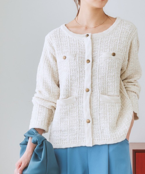nissen（ニッセン）の「ツイードライクニットジャケット（ノーカラージャケット・レディース・ネイビー/オフホワイト・L/M/LL/S）」の22枚目の写真