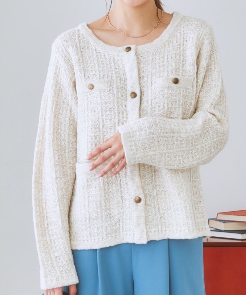 nissen（ニッセン）の「ツイードライクニットジャケット（ノーカラージャケット・レディース・ネイビー/オフホワイト・L/M/LL/S）」の14枚目の写真