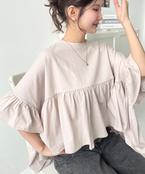 セール】綿100％天竺.ティアードフリルハーフスリーブTシャツ（T
