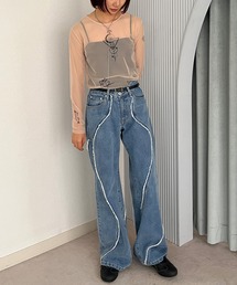 ELLEgirl | デザイン切り替えデニムワイドパンツ【ELLEgirl/エル ガール】(デニムパンツ)