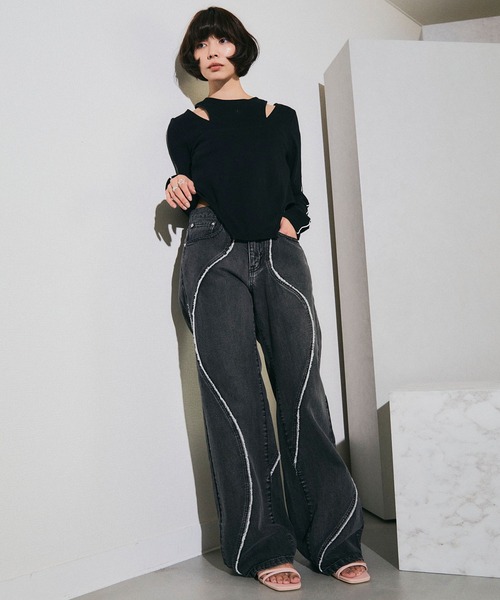 ELLEgirl（エルガール）の「デザイン切り替えデニムワイドパンツ【ELLEgirl/エル ガール】（デニムパンツ・レディース・ブルー/ブラック・S/M）」の13枚目の写真