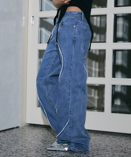 ELLEgirl（エルガール）の「デザイン切り替えデニムワイドパンツ