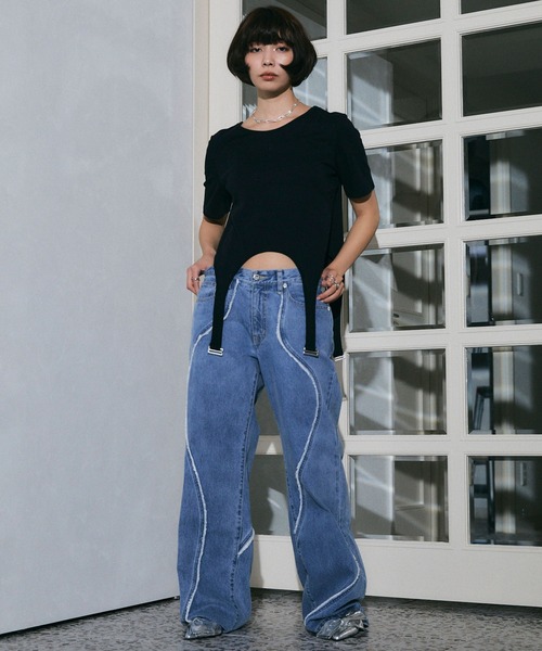 ELLEgirl（エルガール）の「デザイン切り替えデニムワイドパンツ【ELLEgirl/エル ガール】（デニムパンツ・レディース・ブルー/ブラック・S/M）」の6枚目の写真