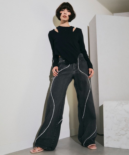 ELLEgirl（エルガール）の「デザイン切り替えデニムワイドパンツ【ELLEgirl/エル ガール】（デニムパンツ・レディース・ブルー/ブラック・S/M）」の12枚目の写真