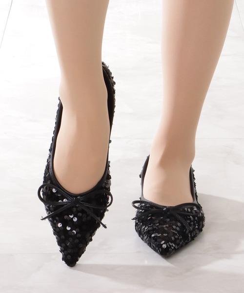 一度着用のみ超美品♡完売サイズ♡フラットパンプス♡22cm セール】リボン付き シャイニー スパンコール ポインテッド フラット