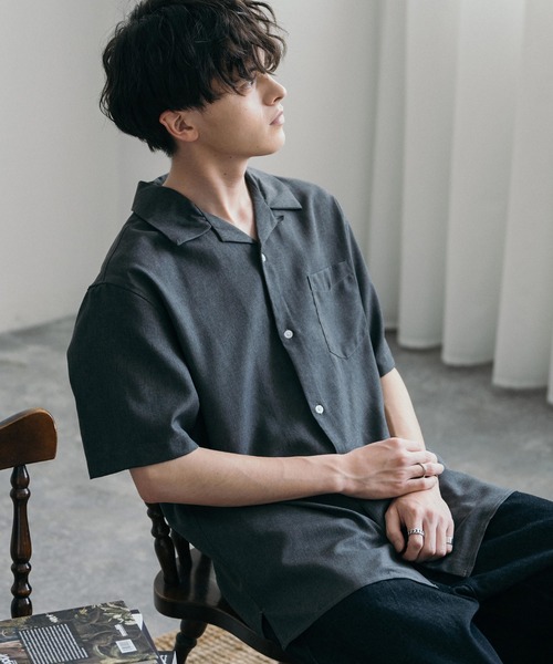 Rocky Monroe(ロッキーモンロー)の「オーバーサイズポリトロオープンカラー半袖シャツ(シャツ/ブラウス・メンズ・ブラック/ベージュ/サックスブルー/ライトグレー/チャコールグレー・L/M)」の3枚目の写真