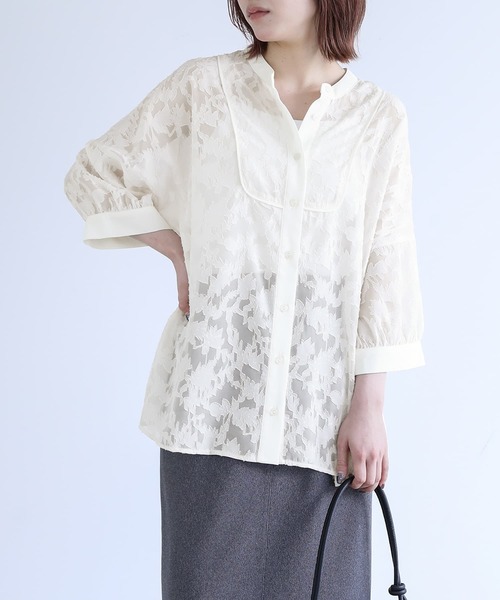 B3266■レリアン 共布ベルト付 シアー ブザム フリル シャツ 11 最低 価格ファッション - B3266□レリアン 共布ベルト付 シアー
