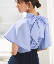 RUIRUE BOUTIQUE（ルイルエブティック）の「マルチway 洗える ｜ワイドハイネック・ボウタイブラウス ｜ 半袖 フレアスリーブ ハイネック トップス 体型カバー オフィスカジュアル 通勤服 華やか 羽織り ブラウス（シャツ/ブラウス）」