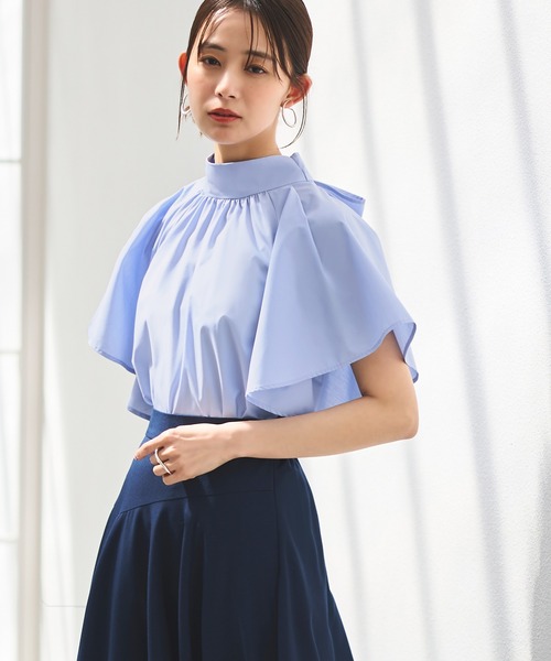 RUIRUE BOUTIQUE(ルイルエブティック)の「マルチway 洗える |ワイドハイネック・ボウタイブラウス | 半袖 フレアスリーブ ハイネック トップス 体型カバー オフィスカジュアル 通勤服 華やか 羽織り ブラウス(シャツ/ブラウス・レディース・ブラック/ライトブルー/ペールイエロー・S/M/L/LL/3L)」の22枚目の写真