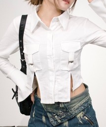 ストリートファッション XU エックスユー slit cropped shirt スリット クロップドシャツ コットンシャツ ポケットシャツ 長袖シャツ 長袖トップス 羽織り 韓国ファッション Y2Kファッション