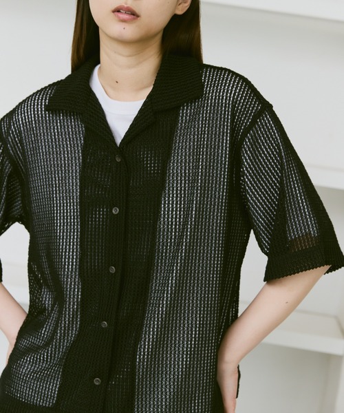 flaner（フラネ）の「Loose open collar mesh shirt / ルーズオープンカラーメッシュシャツ（シャツ/ブラウス・レディース・アイボリー/ブラック・MEDIUM/LARGE）」の12枚目の写真