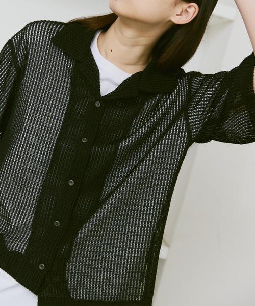 flaner（フラネ）の「Loose open collar mesh shirt / ルーズオープンカラーメッシュシャツ（シャツ/ブラウス・レディース・アイボリー/ブラック・MEDIUM/LARGE）」の13枚目の写真