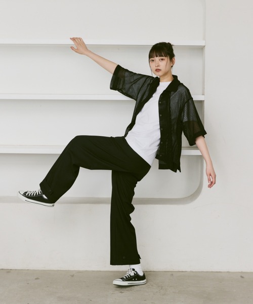 flaner（フラネ）の「Loose open collar mesh shirt / ルーズオープンカラーメッシュシャツ（シャツ/ブラウス・レディース・アイボリー/ブラック・MEDIUM/LARGE）」の7枚目の写真