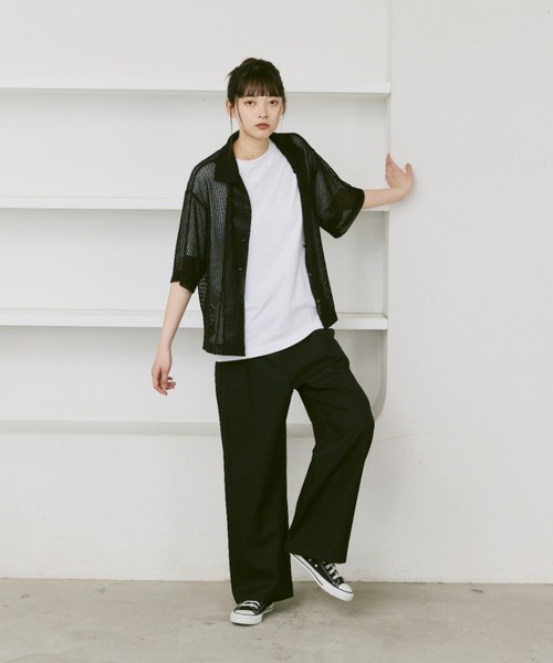 flaner（フラネ）の「Loose open collar mesh shirt / ルーズオープンカラーメッシュシャツ（シャツ/ブラウス・レディース・アイボリー/ブラック・MEDIUM/LARGE）」の9枚目の写真