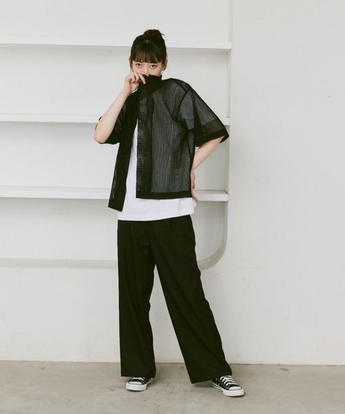 flaner（フラネ）の「Loose open collar mesh shirt / ルーズオープンカラーメッシュシャツ（シャツ/ブラウス・レディース・アイボリー/ブラック・MEDIUM/LARGE）」の10枚目の写真