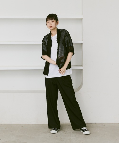 flaner（フラネ）の「Loose open collar mesh shirt / ルーズオープンカラーメッシュシャツ（シャツ/ブラウス・レディース・アイボリー/ブラック・MEDIUM/LARGE）」の11枚目の写真