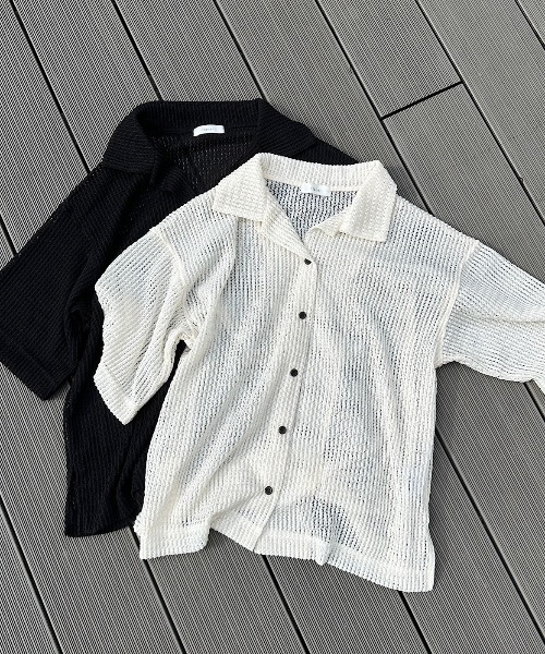 flaner（フラネ）の「Loose open collar mesh shirt / ルーズオープンカラーメッシュシャツ（シャツ/ブラウス・レディース・アイボリー/ブラック・MEDIUM/LARGE）」の20枚目の写真