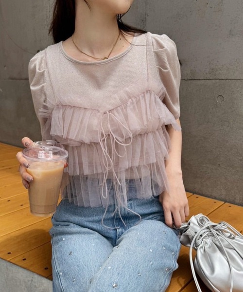 one after another NICE CLAUP（ワンアフターアナザーナイスクラップ）の「前後2wayチュールビスチェ+ラメトップス（Tシャツ/カットソー・レディース・グレー/アイボリー/ピンク・FREE）」の3枚目の写真
