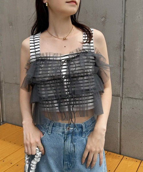 one after another NICE CLAUP（ワンアフターアナザーナイスクラップ）の「前後2wayチュールビスチェ+ラメトップス（Tシャツ/カットソー・レディース・グレー/アイボリー/ピンク・FREE）」の17枚目の写真