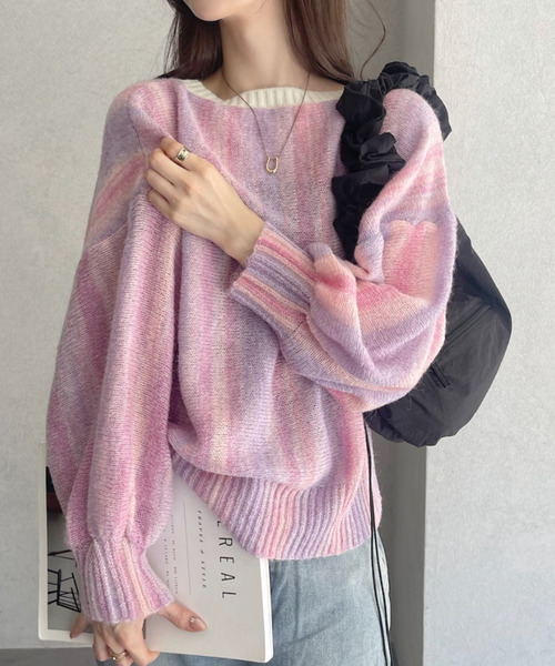 Ada.(エイダ)の「グラデーション ボーダー 配色 クルーネック ニット(ニット/セーター・レディース・ピンク/グリーン/グレー・FREE)」の1枚目の写真
