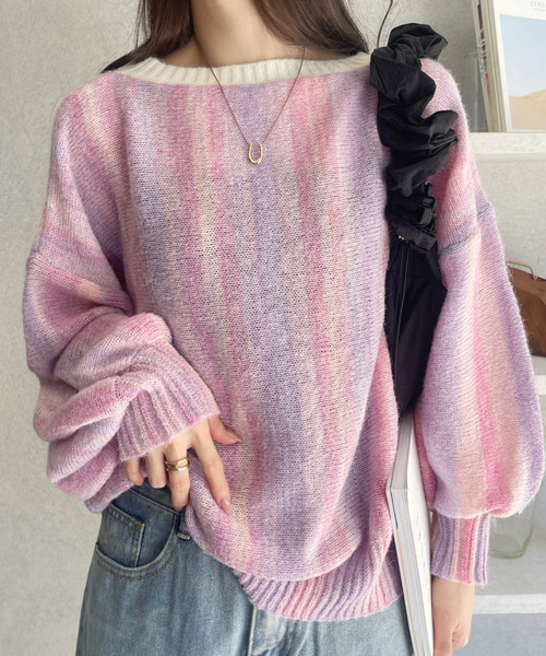 Ada.(エイダ)の「グラデーション ボーダー 配色 クルーネック ニット(ニット/セーター・レディース・ピンク/グリーン/グレー・FREE)」の12枚目の写真