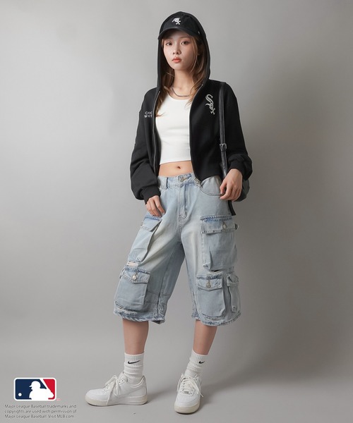 MLB（メジャーリーグベースボール）の「【MLB/メジャーリーグベースボール】ショートジップパーカー ジップアップパーカー（パーカー・レディース・オートミール/ネイビー/オフホワイト/杢グレー/ブラック・ONESIZE）」の9枚目の写真