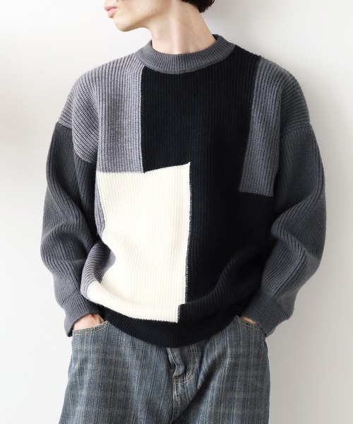 セール】クルーネック ブロッキングデザイン ニット（ニット