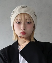 BARELY BLUE | 【 BARELY BLUE / ベアリーブルー 】 リボン ビーズ ニットキャップ / ニット帽(ニットキャップ/ビーニー)