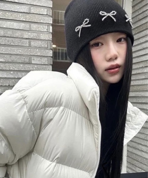 BARELY BLUE（ベアリーブルー）の「【 BARELY BLUE / ベアリーブルー 】 リボン ビーズ ニットキャップ / ニット帽（ニットキャップ/ビーニー・レディース・グレー/ホワイト/アイボリー/ブラック・FREE）」の5枚目の写真