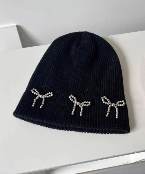 BARELY BLUE（ベアリーブルー）の「【 BARELY BLUE / ベアリーブルー 】 リボン ビーズ ニットキャップ / ニット帽（ニットキャップ/ビーニー・レディース・グレー/ホワイト/アイボリー/ブラック・FREE）」の9枚目の写真