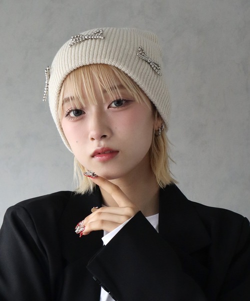 BARELY BLUE（ベアリーブルー）の「【 BARELY BLUE / ベアリーブルー 】 リボン ビーズ ニットキャップ / ニット帽（ニットキャップ/ビーニー・レディース・グレー/ホワイト/アイボリー/ブラック・FREE）」の17枚目の写真