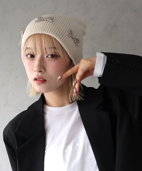 BARELY BLUE（ベアリーブルー）の「【 BARELY BLUE / ベアリーブルー 】 リボン ビーズ ニットキャップ / ニット帽（ニットキャップ/ビーニー・レディース・グレー/ホワイト/アイボリー/ブラック・FREE）」の19枚目の写真