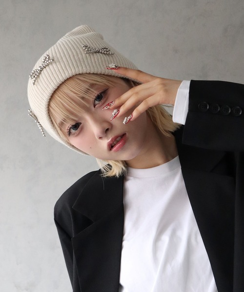 BARELY BLUE（ベアリーブルー）の「【 BARELY BLUE / ベアリーブルー 】 リボン ビーズ ニットキャップ / ニット帽（ニットキャップ/ビーニー・レディース・グレー/ホワイト/アイボリー/ブラック・FREE）」の14枚目の写真